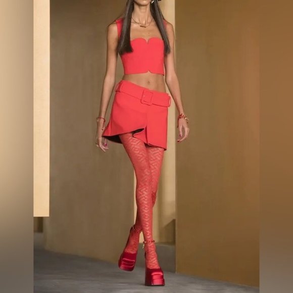 Versace Dresses & Skirts - Versace 'La Greca' motif Red silk-blend belted A-line skirt and Sweetheart Top